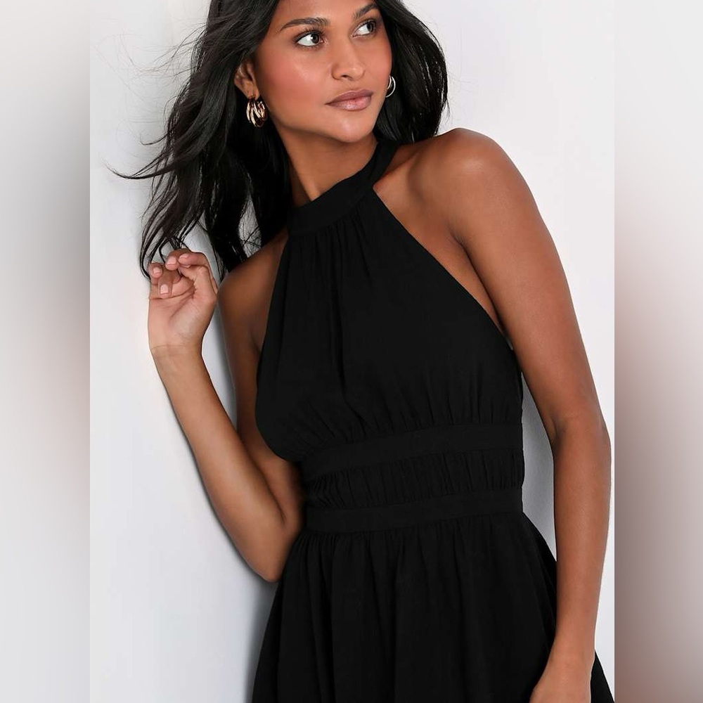 LULUS Dress Womens Medium Black Linen Blend Roman Reverie Halter Mini Ruffle New - Picture 3 of 10